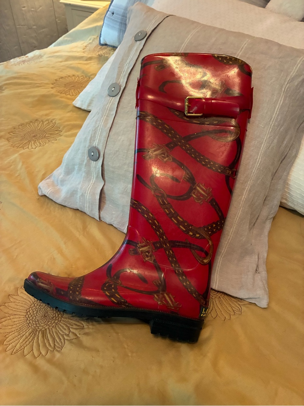 Ralph Lauren Red Riding Rain Boot with Equestrian Bridle Print